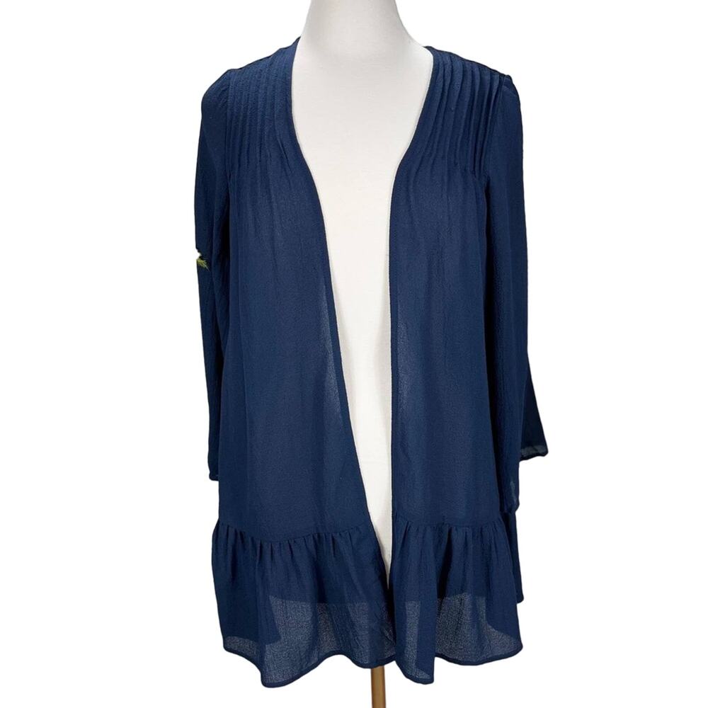 NWT CRESCENT |  Navy Blue Pleated Frill‎ Hem Open-Front Cardigan | Women's M